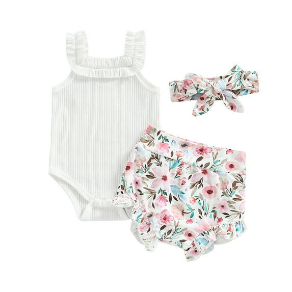 Baby Girls Shorts Set, Sleeveless Romper + Flower/Rainbow/Butterfly Print Shorts + Hairband 0-18 Months