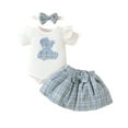 thumbnail image 1 of Baby Girls Skirt Outfits Bear Embroidery Short Sleeve Romper with Tweed Mini Skirt and Bow Heaband 3 Pcs Set, 1 of 10