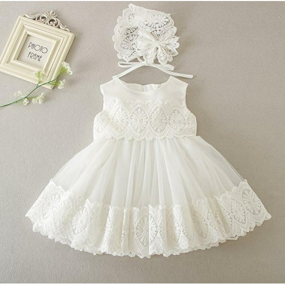 Baby Girls Sleeveless Baptism Dress Christening Gown with Bonnet Embroidery Crochet Lace Design 6-12M