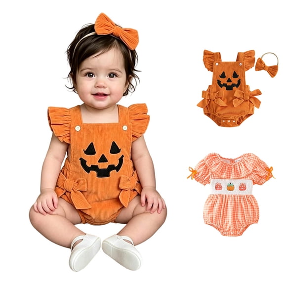 Baby Girls Sleeveless Bodysuit and Headband Two Piece Set Pumpkin Halloween Party Clothes Halloween Girls Outfit Size 3-6 Months