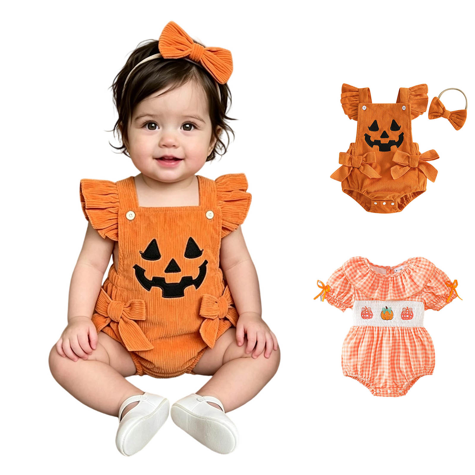 Baby Girls Sleeveless Bodysuit and Headband Two Piece Set Pumpkin Halloween Party Clothes Halloween Girls Outfit Size 3-6 Months