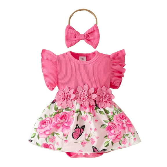 Baby Girls Sleeveless Ribbed Floral Applique Dress Summer Casual Romper With Textured Fabric Versatile Dailywear 6-9 Months