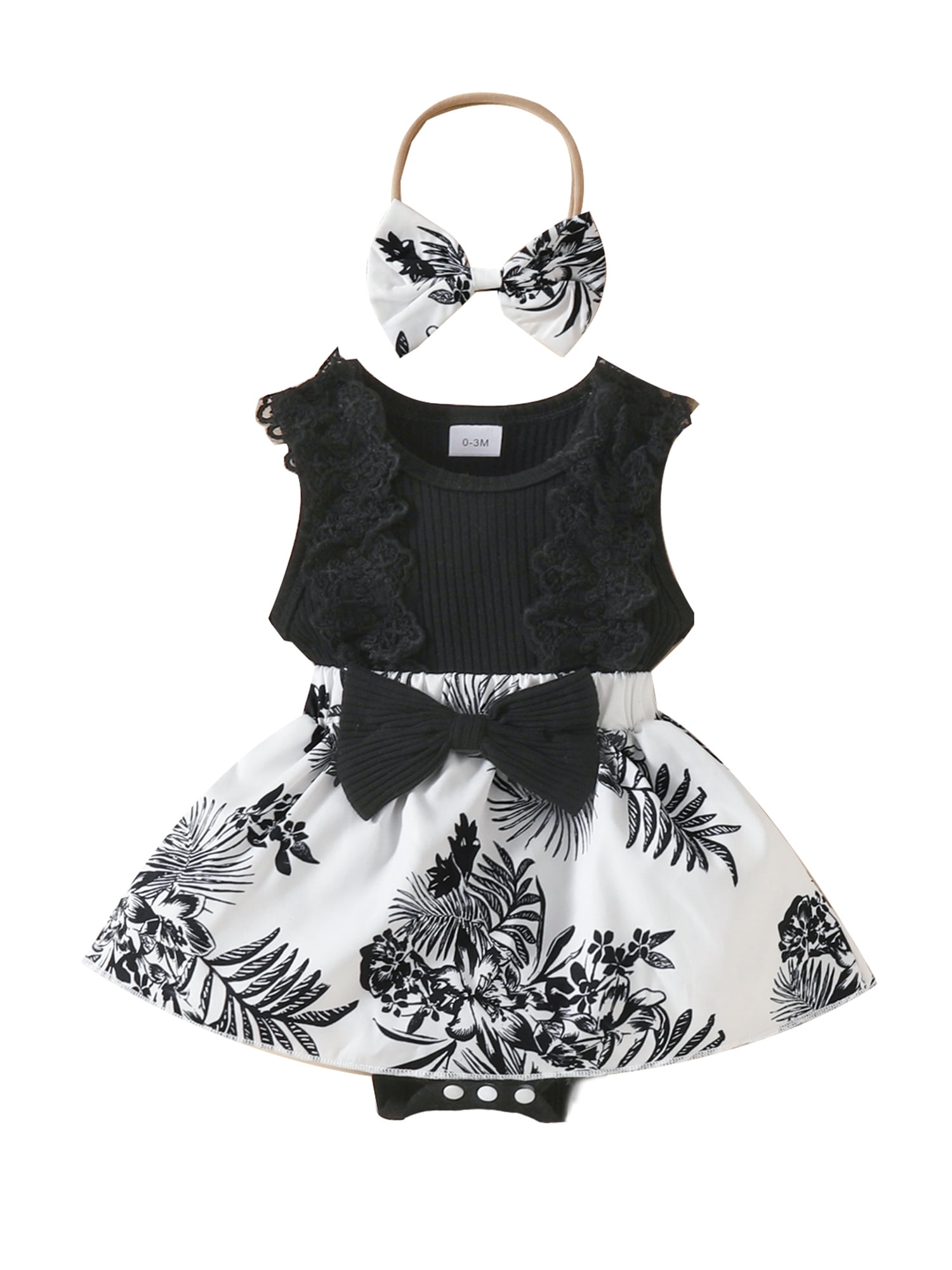 Baby Girls Sleeveless Romper Dress with Bow Headband 3 6 9 12 18 Months