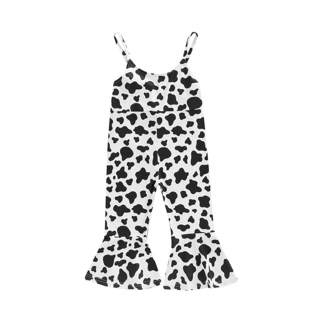 Baby Girls Sleeveless Spaghetti Strap Cow Print Flare Jumpsuit 