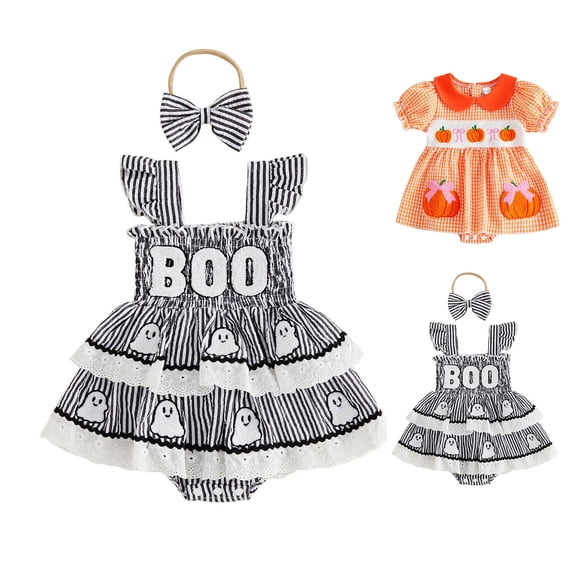 Baby Girls Sleeveless Striped Bodysuit Romper with Headband Two Piece Set Halloween Party Clothes Girl Halloween Outfit Size 3-6 Months