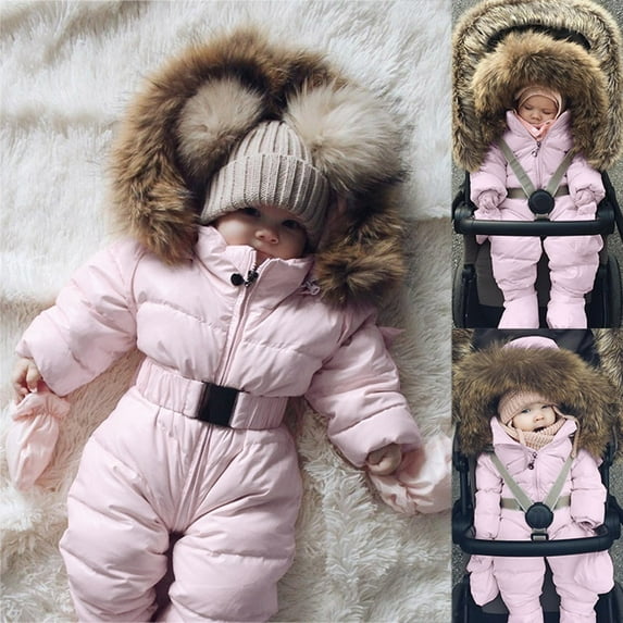 Baby Girls Snow Suits Hooded Infant Romper Coat for Baby Winter Jacket with Footless Design Long Sleeve Windproof Winter Clothes for Baby Girl 0-3 Months