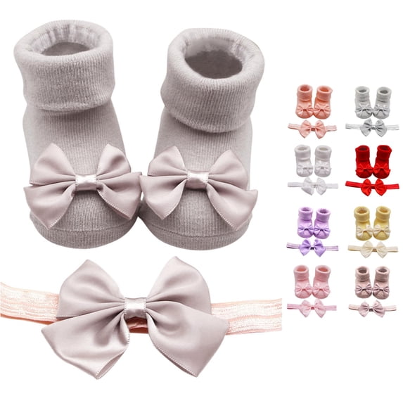 Baby Girls Sock‑Shoe & Headband Set, Newborn Soft‑Sole Princess Socks with Bow, Matching Bow Hairband, Infant Gift Slipper‑Socks Floor Socks for Photo‑Shoot