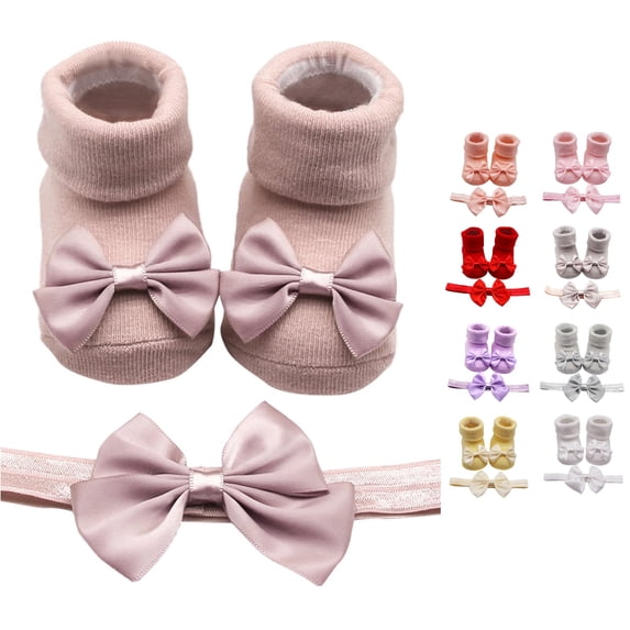 Baby Girls Sock‑Shoe & Headband Set, Newborn Soft‑Sole Princess Socks with Bow, Matching Bow Hairband, Infant Gift Slipper‑Socks Floor Socks for Photo‑Shoot