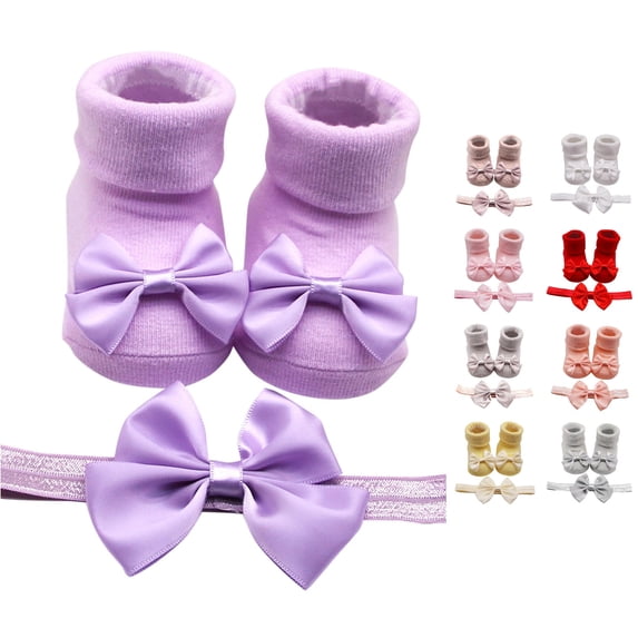 Baby Girls Sock‑Shoe & Headband Set, Newborn Soft‑Sole Princess Socks with Bow, Matching Bow Hairband, Infant Gift Slipper‑Socks Floor Socks for Photo‑Shoot