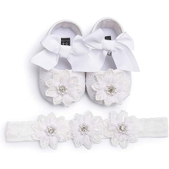 Baby Girls Soft Sole Floral Mary Jane Flats Infant Princess Prewalkers Toddler Wedding Dress Shoes with Headband