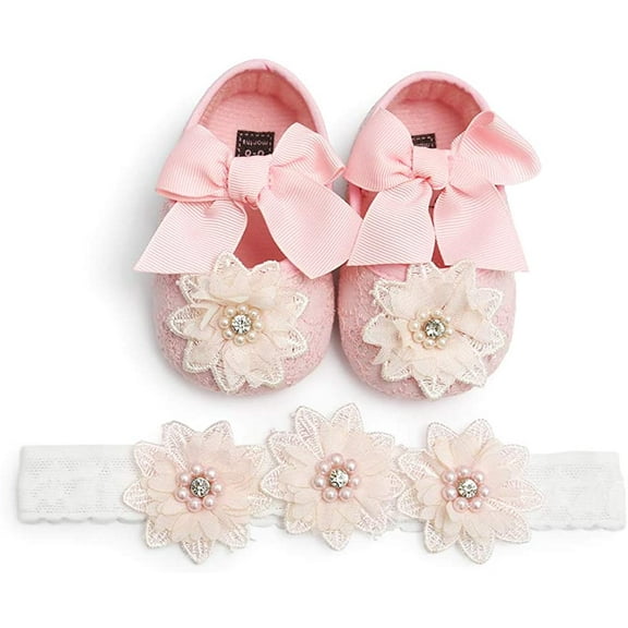 Baby Girls Soft Sole Floral Mary Jane Flats Infant Princess Prewalkers Toddler Wedding Dress Shoes with Headband