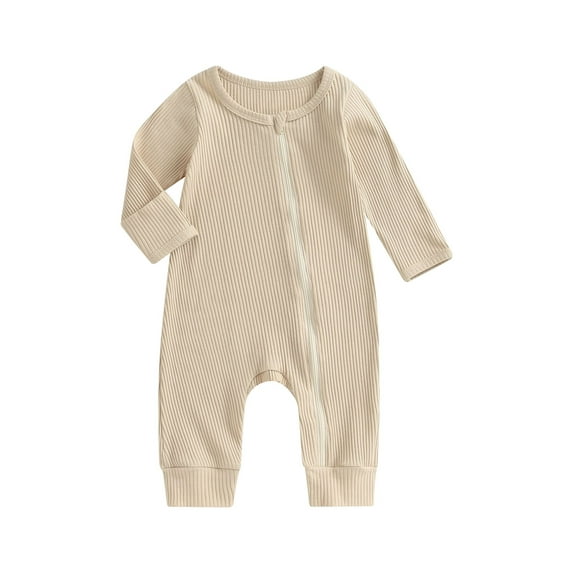Baby Girls Spring Autumn Casual Jumpsuit Solid Color Long Sleeve Oblique Zipper Ribbed Romper