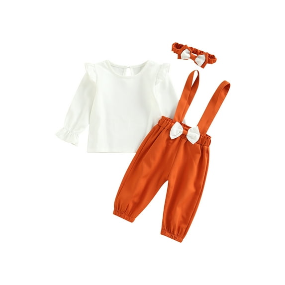 Baby Girls Spring Outfit Sets White Long Sleeve Ruffle Tops + Solid Color Suspender Pants + Headband