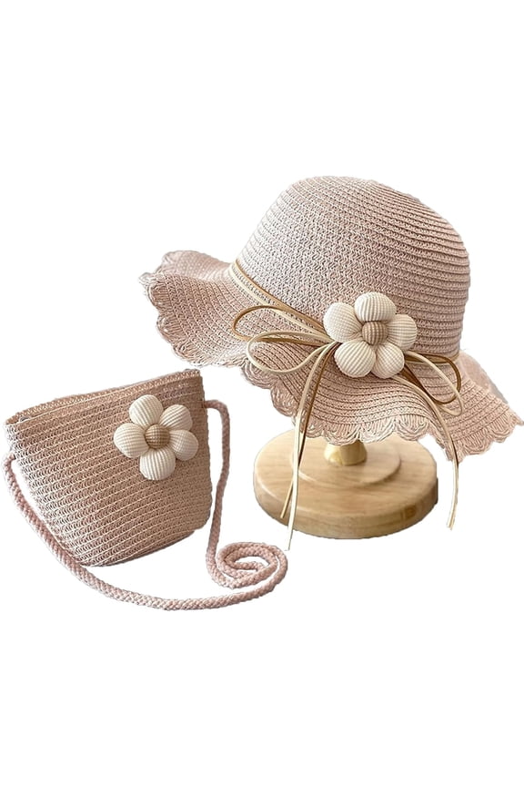 Baby Girls Straw Hat Bag, Flower Sun Hat Beach Bag, Summer Straw Hat for Girls 2-8 Age, Kids Sun Protection Hat Shoulder Bag
