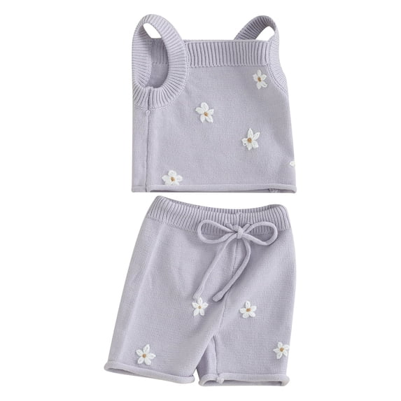 Baby Girls Summer 2 Piece Outfit Daisy Pattern Knitted Tank Tops and Elastic Shorts Set
