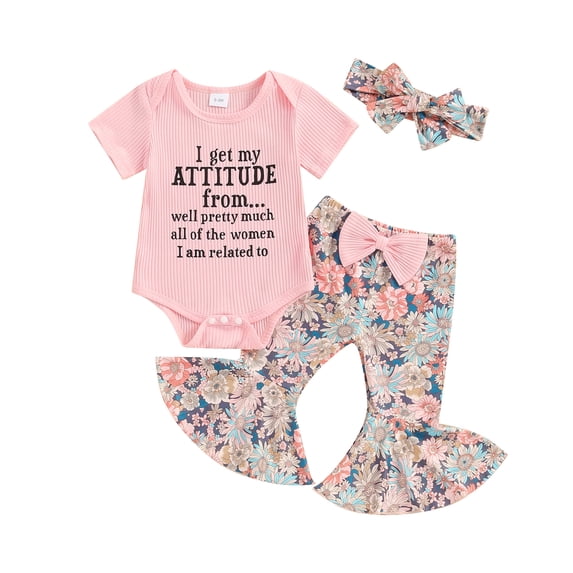 Baby Girls Summer 3PCS Sets Short Sleeve Romper Tops Floral Print Flared Pants Headband Sets