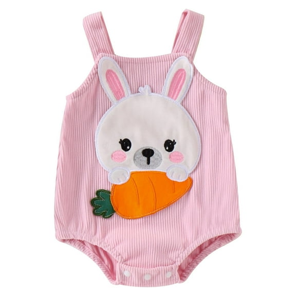 Baby Girls Summer Casual Romper Sleeveless Cartoon Bunny Carrot Embroidery Romper Overall