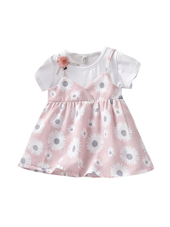 Baby Girls Summer Casual Short Sleeve Fake 2 Piece Floral Dress Kids Toddler Halter Princess Sundress