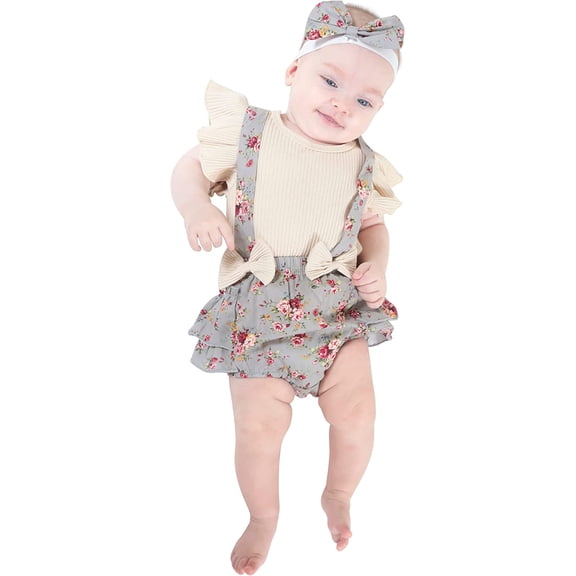 Baby Girls Summer Clothes Outfit Ruffle Sleeve Top T-Shirt Floral Suspender Shorts Headband Baby Clothes For Girls 18-24 Months