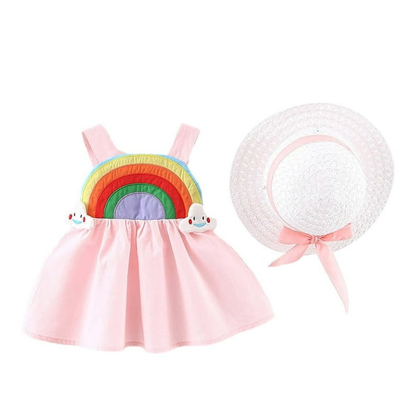 Baby Girls Summer Dresses with Hat Sleeveless Rainbow Dress Bowknot Princess Skirt Dress Pleated Flared A-line Swing Dress for Photogarphy Beach Infant Toddler Girls 0-24 Months