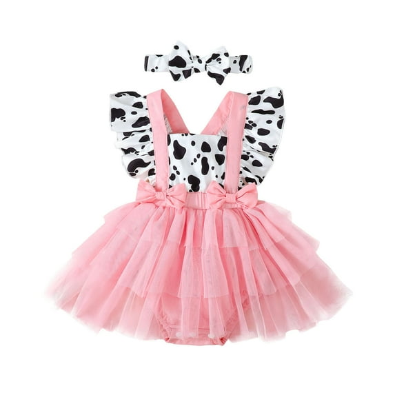 Newborn Baby Girls Summer Leopard Printed Clothes Cow Ruffle Tutu Romper Dress + Headband Birthday Outfits 2pcs Set Stylish Child Outwear