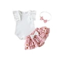 thumbnail image 1 of Baby Girls Summer Outfit Sets Ruffle Sleeve Ribbed Romper + Floral Culottes + Headband, 1 of 9