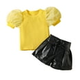 thumbnail image 1 of Baby Girls Summer Outfits 1T 2T 3T 4T 5T 6T  Puff Sleeve Patchwork Rib T-shirt Tops and Casual PU Leather Shorts Kids 2pcs Sets, 1 of 8