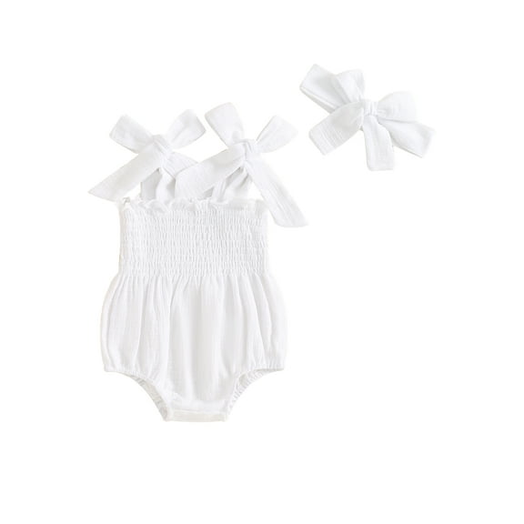Baby Girls Summer Outfits Cute Sleeveless Tie Shoulder Strap Romper with Headband Set Newborn Infant Clothes