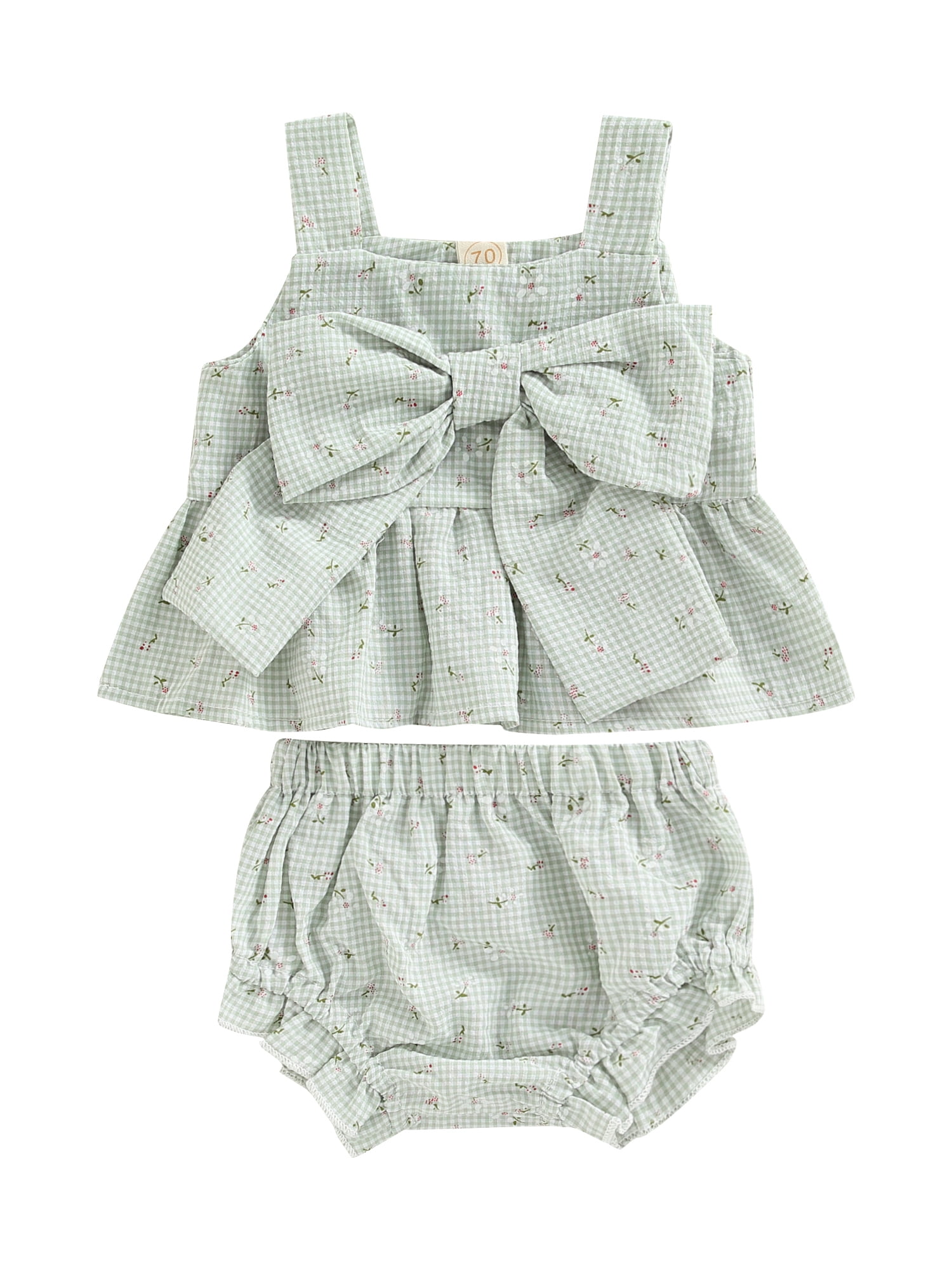 Baby Girls Summer Outfits Floral Plaid Pattern Bow Suspender Tops ...