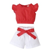 Baby Girls Summer Outfits Set Polka Dot Print Fly Sleeve Casual Croed Tops Solid Color Bowknot Shorts Two Pieces Outfit Sets For Girl