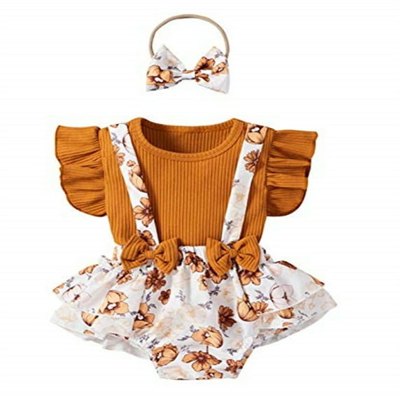 Baby Girls Summer Outfits suit, Fly Sleeve Tops + Suspender Skirt Headband 2Pcs