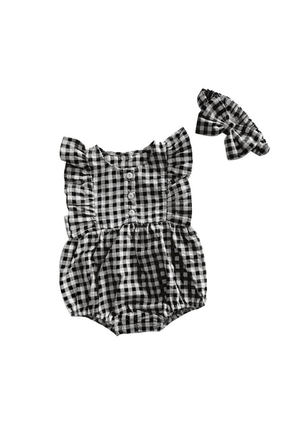 Baby Girls Summer Rompers Casual Ruffle Plaid Cotton Bodysuit Fashion Sleeveless Button down Jumpsuit Onesies, Black, 9 Months
