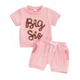 thumbnail image 1 of Baby Girls Summer Shorts Sets Short Sleeve Letter Flower Embroidery Tops Solid Color Shorts Sister Matching Outfits, 1 of 7