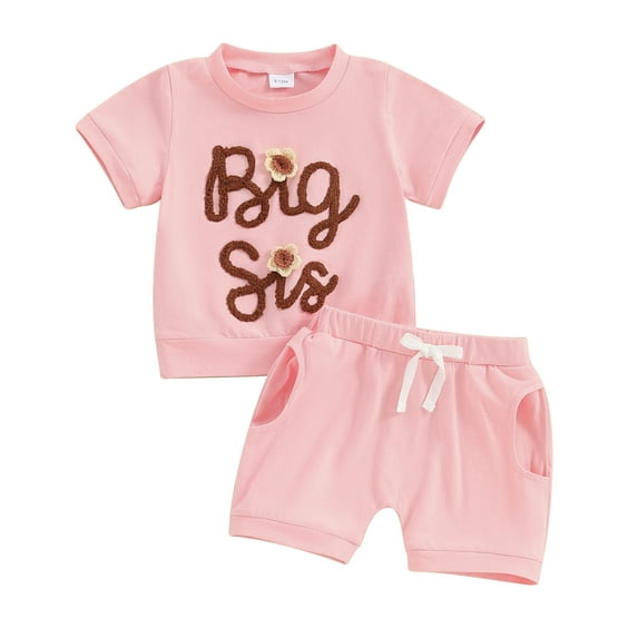 Baby Girls Summer Shorts Sets Short Sleeve Letter Flower Embroidery Tops Solid Color Shorts Sister Matching Outfits