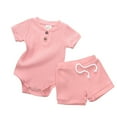 thumbnail image 1 of Baby Girls Summer Solid Ribbed Short Sleeve Romper Bodysuit Shorts Set Outfits Young Girl Clothes 1-2 Years, 1 of 7
