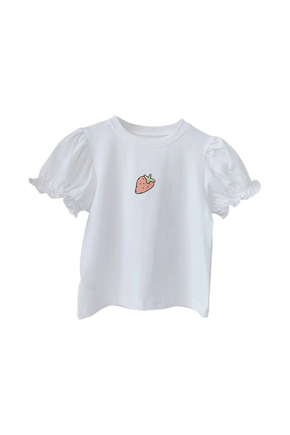 Baby Girls Summer T-Shirt Top Strawberry Print Puff Sleeve Cute T Shirt