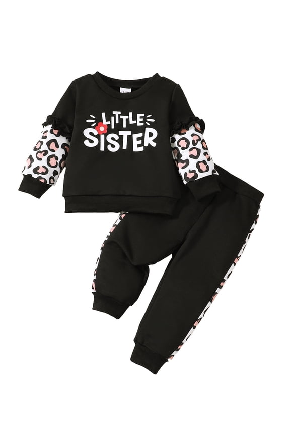 Baby Girls Sweatshirt and Jogger Set Letter Print Leopard Splice Outfits Set From 6M-3Y