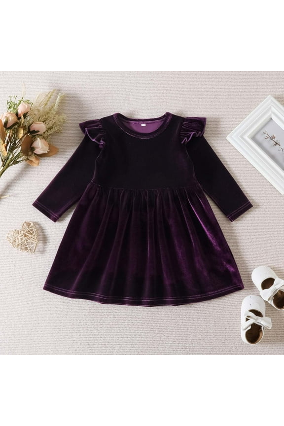 Baby Girls Sweet Long Sleeve Round-Neck Flock Macrame Solid Color Princess Dress