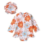 FIACAFYO Baby Girls Swimsuit One Piece Floral Zipper Ruffle Bathing Suit Rash Guard Long Sleeve Summer Beach Swimwear