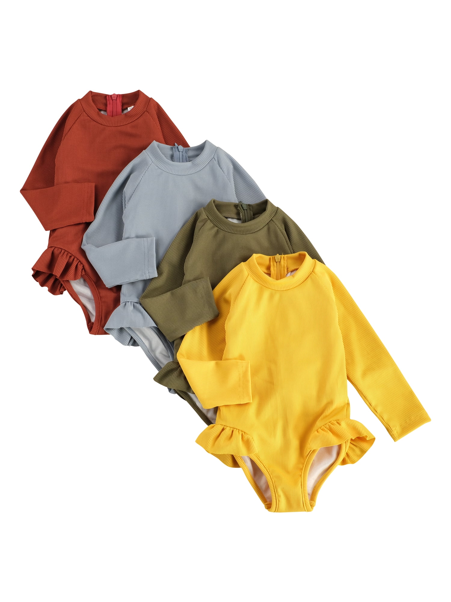 Baby Girls Swimsuit OnePiece Toddlers Kids Swimwear Long Sleeve Beachwear Ruffles Zipper