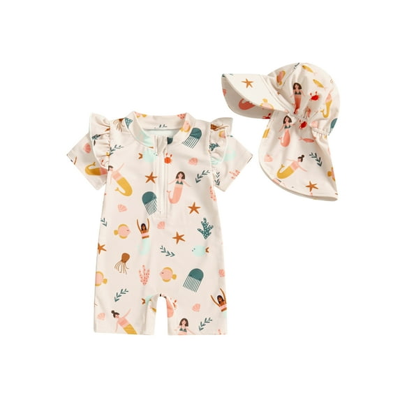 Baby Girls Swimsuit Playsuits Flying Sleeve Swimwear Infant One Piece Bathing Suit with Sun Hat