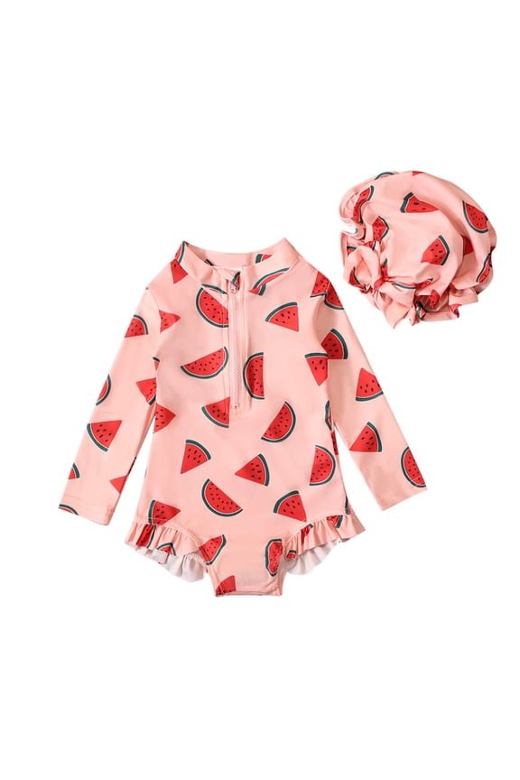 Baby Girls Swimsuit Summer Watermelon Print Long Sleeve Rash Guard Cartoon One Piece Bathing Suit with Cap Cute Pink 4 Years-5 Years