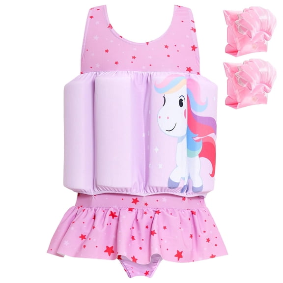 Koorium Baby Girls Flotation Swimsuit with Detachable Arm Floaties – UPF 50+ Quick-Dry One-Piece Toddler Swim Vest, Swimwear with Floatation for Pool & Beach