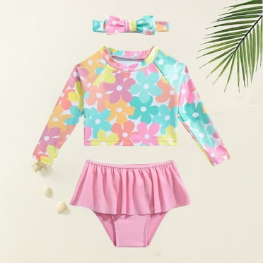 Baby Girls Swimsuits 2 Piece Bikini Swimsuit Flower Printed Bow Knot Rash Guard Ruffle Rare Hem Girls Bathing Suits 9-12 Months