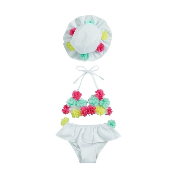 Baby Girls Swimsuits 3pcs Bathing Suits Flower Bikini Tie-Up Halter Tank Tops Ruffles Shorts Hat
