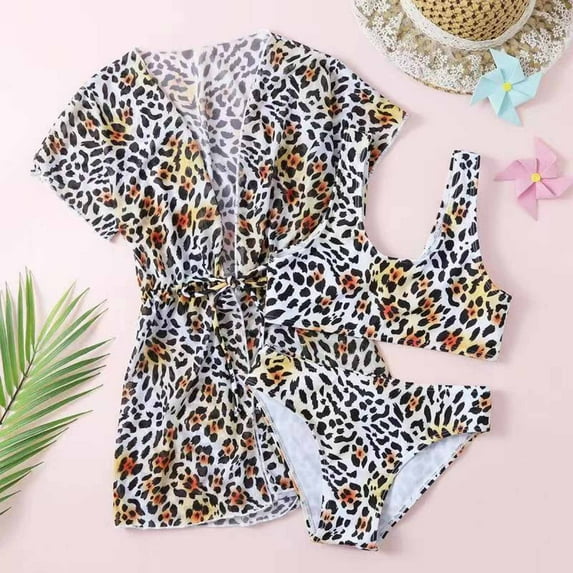 Baby Girls Swimwear Children's Swimsuit Short Sleeve Leopard Print Swimsuit Bikini Bathing Suit Swimming Three-piece Set Brown 10-11 Years