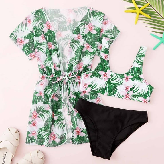 Baby Girls Swimwear Children's Swimsuit Short Sleeve Leopard Print Swimsuit Bikini Bathing Suit Swimming Three-piece Set Green 8-9 Years