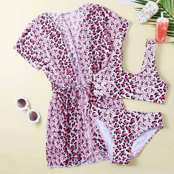 Baby Girls Swimwear Children's Swimsuit Short Sleeve Leopard Print Swimsuit Bikini Bathing Suit Swimming Three-piece Set Purple 12-13 Years