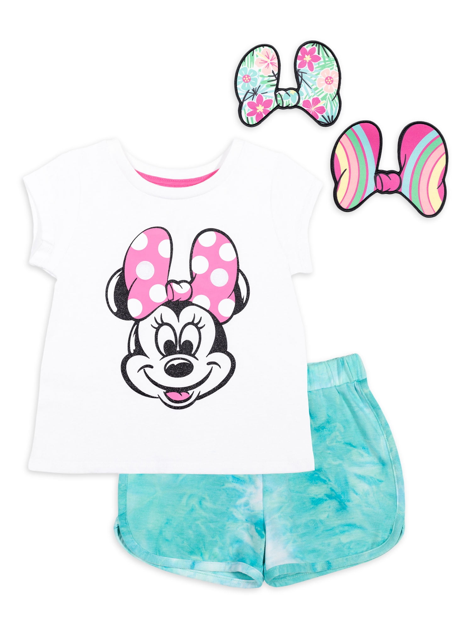 Baby Girls & Toddler Girls Minnie Mouse Short Sleeve T-Shirt & Short with Bow, 3-Piece Outfit Set (12M-5T)