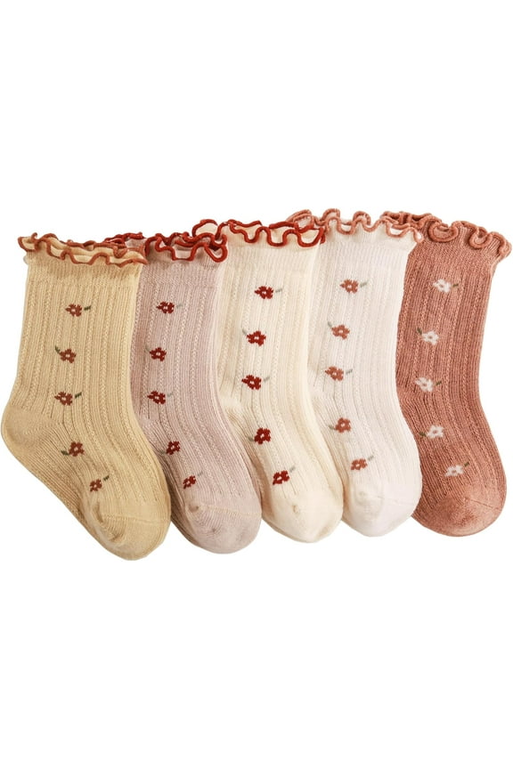 Baby Girls Toddler Socks Organic Cotton Socks Floral Pattern with Non-Skid Gripper for Fall Spring and Summer